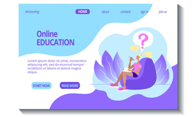 Web page template for online education and e-learning. The girl studies and solves the task. Stock modern flat illustration concept for landing page. Website design easy to edit and customize.