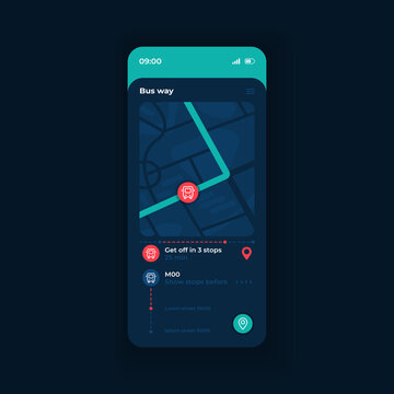 Public transport tracking app smartphone interface vector template. Mobile app page night theme design layout. City buses movement screen. Flat UI for application. Route on GPS map on phone display