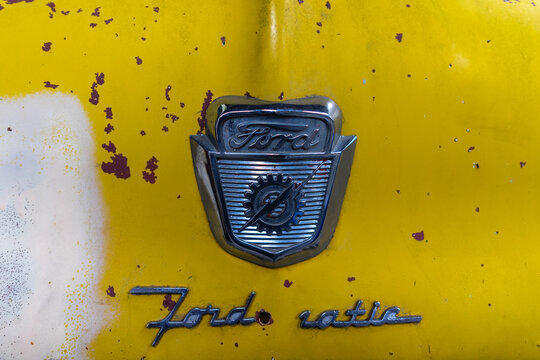 BERLIN - APRIL 27, 2019: Detail of full-size pickup truck Ford F-100 (second generation). Close-up.
