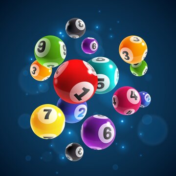 Lottery numbers. Flying realistic drawing lottery or billiard balls, lucky accidental win, instant jackpot internet gambling vector concept