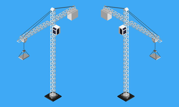Set of isometric white tower cranes vector icon isolated on blue background.