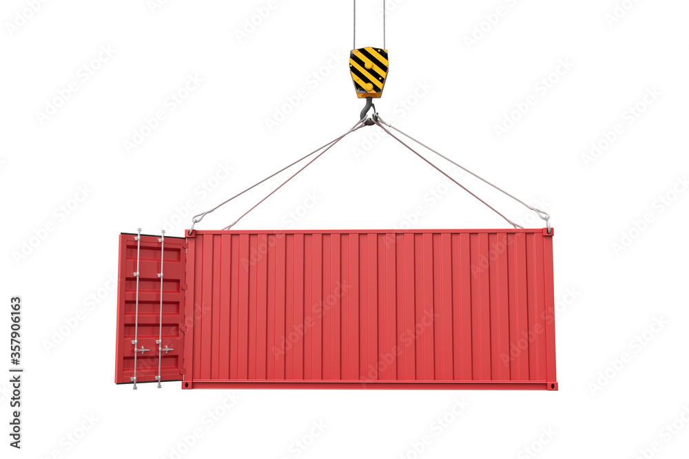 Poster 3d rendering of crane lifting open empty red shipping container isolated on white background