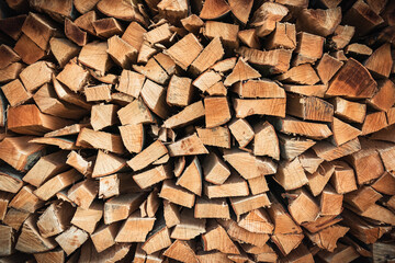 Closeup shot of firewood pile found in Lower Austria. June 2020.