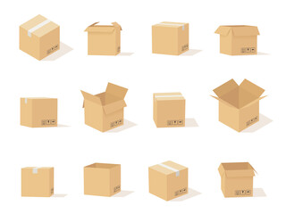 Carton boxes. Opened and closed cardboard box, packaging for delivery and storage, online shipping secure parcel, vector set