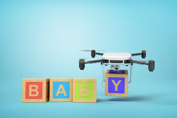 3d rendering of four colorful ABC blocks forming word 'BABY', camera drone putting final letter Y at the end of word, on light blue background.