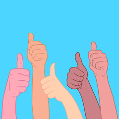 Many hands on a blue background with different skin tones hold the thumb up.