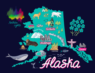 Illustrated map of  Alaska, USA. Travel and attractions.