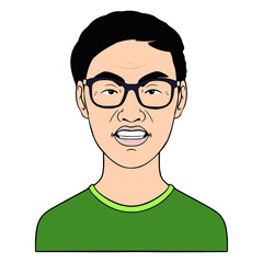 angry chinese teenager with glasses. vector cartoon avatar with green tshirt.