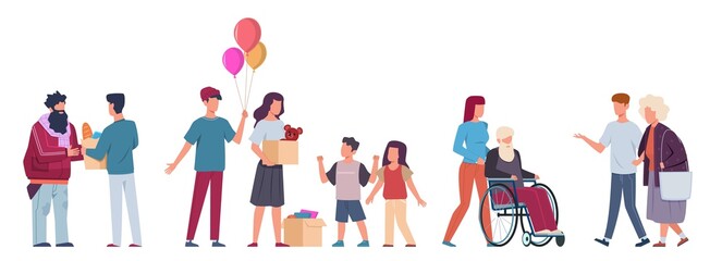 Fototapeta premium Volunteer. Volunteers help people, charity community collect donation support old and sick people, give food and clothes vector characters