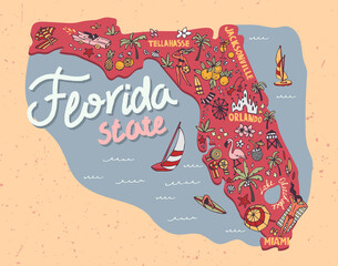 Illustrated map of  Florida state, USA. Travel and attractions