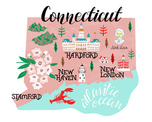 Illustrated map of  Connecticut, USA. Travel and attractions. - obrazy, fototapety, plakaty