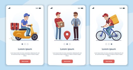 Template for mobile app page with delivery theme. Flat cartoon characters fast courier, moped driver