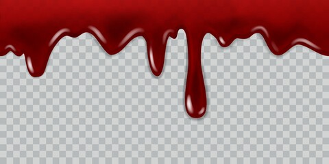 Dripping blood. Current red liquid, paint flow and drops for halloween, vampire game, medicine flyer or web banner realistic vector template - obrazy, fototapety, plakaty