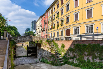 Fototapeta na wymiar Milano Ponte delle Gabelle sul naviglio Martesana a Porta Nuova