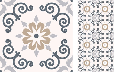  Seamless Azulejo tile. Portuguese and Spain decor. Islam, Arabic, Indian, Ottoman motif. Vector Hand drawn pattern