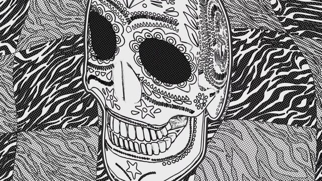 Seamless animation mexican sugar candy skull hand drawn style cartoon with zebra background. Hypnotic halloween backdrop with comic halftone effect.