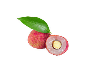 Obraz premium fresh two red lychee sweet fruit open peel and cut half show seed green leaf. Isolated on white background with clipping path