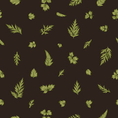 Seamless pattern with little leaves. Dark background. Vector botanical illustration.