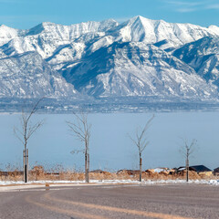 Square frame Road lined with young trees overlooking snowy Wasatch Mountains and Utah Lake