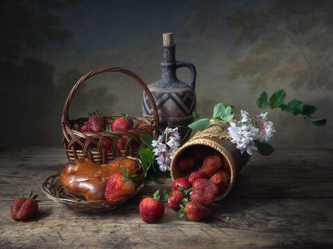 Still life with strawberries and flowers