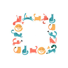 Square frame of hand-drawn cats for print, textile, t-shirts, posters. Vector pets of different colors play, sit, walk, sleep. Cute faces, mustache, paws, tails. Frame design on a white background