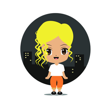 vector illustration of a cute chibi anime manga blondy girl orange jeansagainst the background of the night city