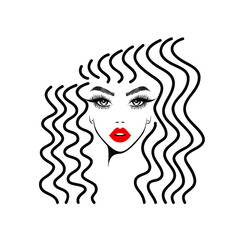 Beauty logo. Beautiful face, red lips, fashion woman with abstract straight, curly hairstyle, eyelash extensions, hair salon sign, icon. Vector illustration.