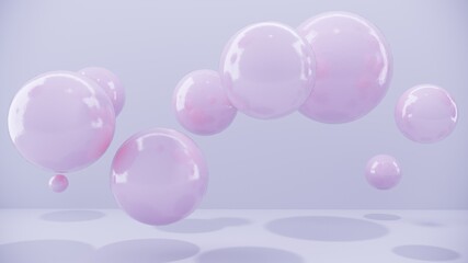 Abstract purple balls for party, festival, celebration. Group of balls, bubbles on pastel  background. Digital, trend banner with conceptual composition with copy space - 3D, render, graphic design.