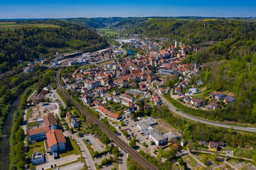 Aerial view of the city Horb am Neckar in spring during the coronavirus lockdown.
 - obrazy, fototapety, plakaty