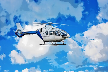 Helicopter taking off on background of blue cloudy sky in summer.