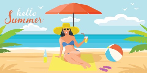 Obraz na płótnie Canvas Woman in a bikini lies on the beach, under an umbrella on a yellow towel.