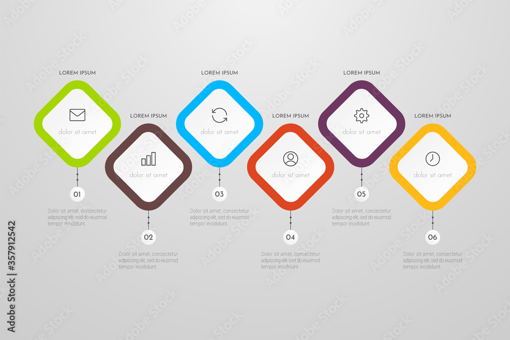 Wall mural business infographic template with 6 steps or processes elements. can be used for annual report, flo