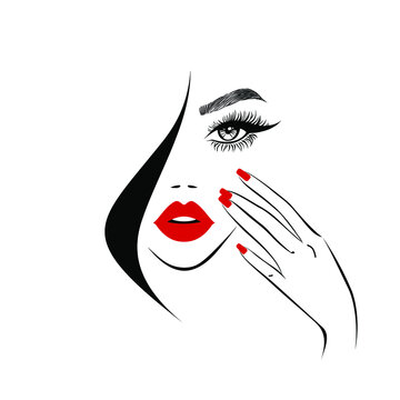 Beauty logo, beautiful woman face, sexy red lips, eyelash extensions, fashion woman, hand with red manicure nails, hair salon sign, icon. Vector illustration.