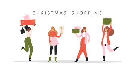 Collection of young women carrying festive gifts with purchases. Girls set taking part in seasonal Christmas sale, Black friday at store, shop, mall. Cartoon characters isolated on white background