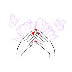 Hand with red manicure nails. Beauty Logo, nails art. Vector illustration, diadem flowers, abstract flowers, spa salon, sign, symbol, nails studio. Flowers background.