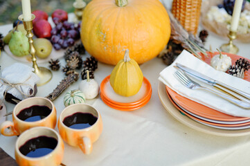 Mulled wine bake and a beautifully decorated table in the style of rutsik or boho. Autumn decoration with pumpkin on the table. autumn picnic decor. 
Pumpkin, mulled wine extract, bumps in nature
