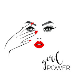 Beautiful woman face with red lips, lush eyelashes, hand with red manicure nails. Sign lettering girl power. Spa salon. Beauty logo, vector illustration.