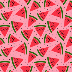 Watermelon seamless pattern. Hand drawn fresh berry slice. Vector sketch background. Red and green print for kitchen tablecloth, curtain or dishcloth. Fashion design