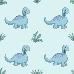 Seamless pattern made of dino theme illustrations. Cute cartoon dinosaur (diplodocus) and leaves. Endless texture for design. For kids products (room, clothes, stationery). Turquoise pastel colors.