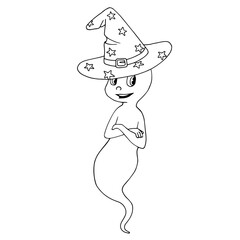Cute cartoon flying ghost wearing a pointed wizard hat. White and black vector illustration for coloring book. Halloween theme.