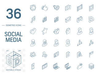 Isometric line art icon set. Vector illustration with social media and digital technology symbols. Like, speech bubble, avatar, computer, web, mobile pictogram. 3d technical drawing. Editable stroke
