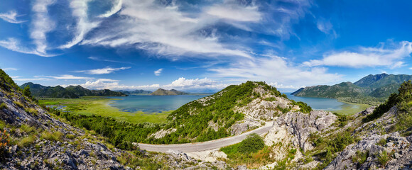 Montenegro Skadar Lake coast with mountains beautiful scenic view panorama
