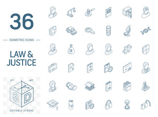 Isometric line art icon set. Vector illustration with justice, law symbols. Legal, court, judge, crime, police, prison, gavel and scale pictogram. 3d technical drawing. Editable stroke