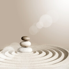 Japanese zen garden meditation stone, concentration and relaxation sand and rock for harmony and...