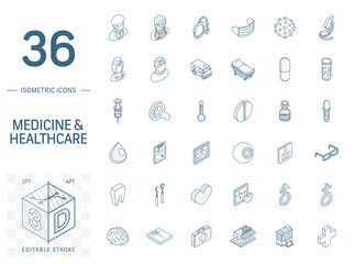 Isometric line art icon set. Vector illustration with medical, medicine, healthcare symbols. Health care, doctor, vaccine, pills, corona virus, mask pictogram. 3d technical draw. Editable stroke
