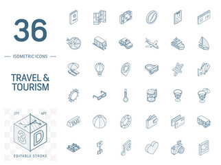Isometric line art icon set. Vector illustration with travel, tourism symbols. Summer vacation, airplane, map, luggage, sunglasses pictogram. 3d technical drawing. Editable stroke