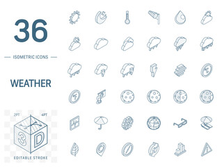 Isometric line art icon set. Vector illustration with meteo symbols. Weather cast, cloud, rain, snow, moon, thermometer, umbrella pictogram. 3d technical drawing. Editable stroke