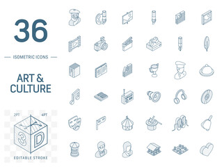 Isometric line art icon set. Vector illustration with culture, art, literature symbols. Artist palette, theatre, cinema and music, circus, magic pictogram. 3d technical drawing. Editable stroke