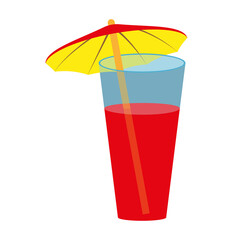 Red cocktail with a hawaiian umbrella isolated on white. Drink in a glass. The umbrella is red above and yellow below. Vector EPS10.