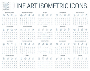 Vector illustration of isometric line art icons for business, bank, social media market, logistics, technology, shop, education, sport, healthcare, construction. 3d technical drawing. Editable stroke. - 357915328